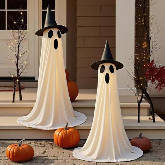 2-Pack 5Ft Halloween Ghost Decorations Wind-Resistant with String Lights Waterbags Hats Scary Outdoor Indoor Door Decor Ideal for Party Porch Yard Garden Lawn Ornaments