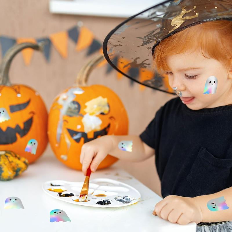 500Pcs Halloween Ghost Stickers Roll Laser Cute Boo Ghost Smiling Pumpkin Holographic Waterproof Self-Adhesive Sticker Decals for Envelope Journal Decor Party Supplies