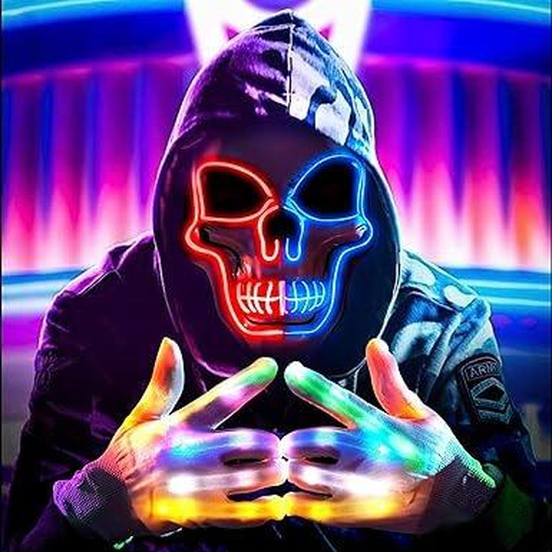2025 New Halloween LED Scary Skeleton Mask & Glow Gloves Set - Light up Costume for Party, Glow in the Dark Decor