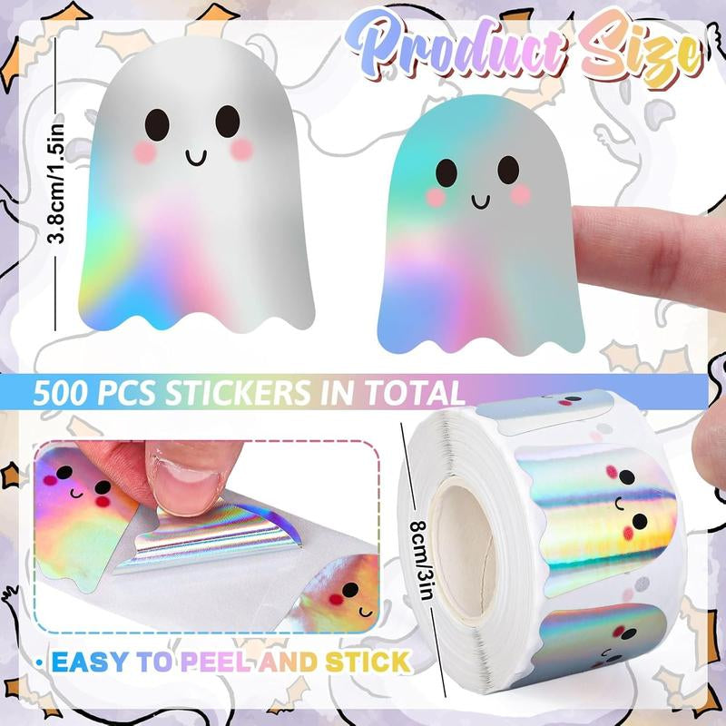 500Pcs Halloween Ghost Stickers Roll Laser Cute Boo Ghost Smiling Pumpkin Holographic Waterproof Self-Adhesive Sticker Decals for Envelope Journal Decor Party Supplies