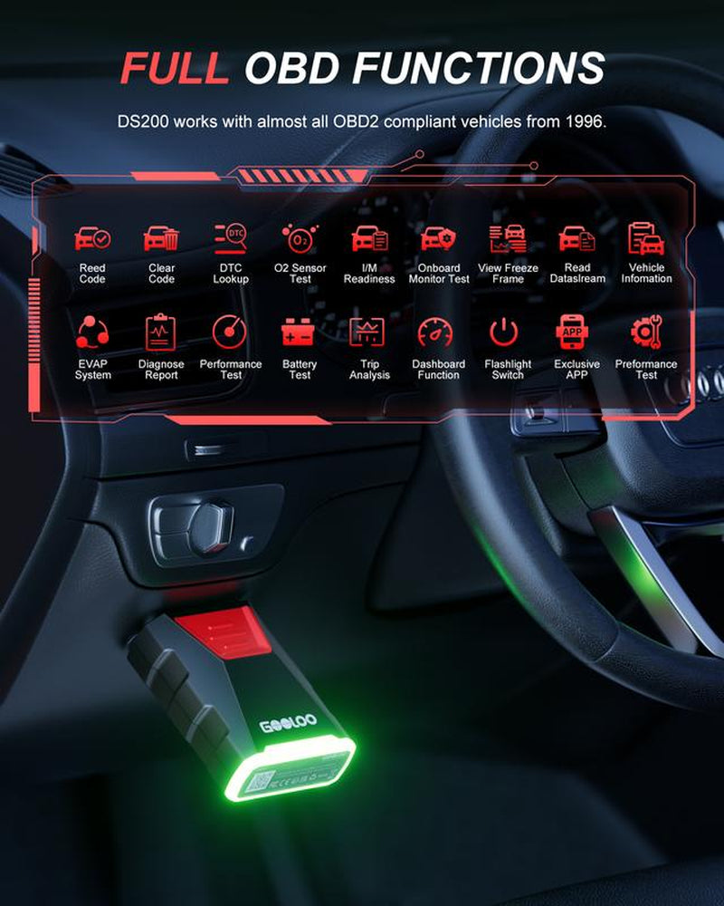 GOOLOO DS200 OBD2 Scanner for Car, Bluetooth Wireless All System Diagnostic Tool for Ios&Android, Bi-Directional Control,8+ Hot Reset,Repair Guides,Check Engine Code Reader,Live Data&Performance Test