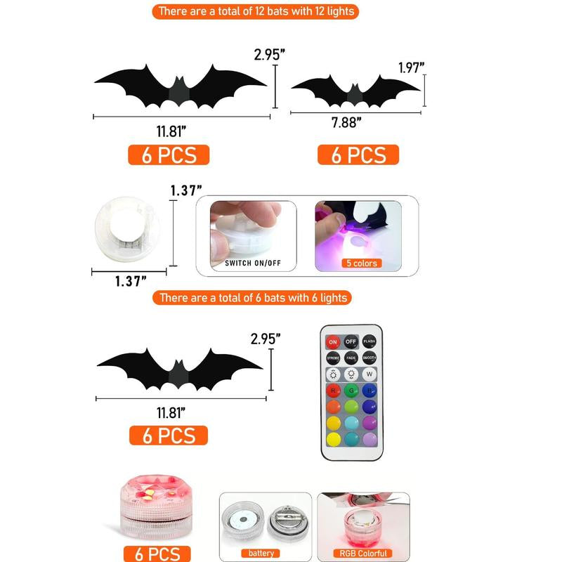 VKK 3D Bat RGB Lights with Remote– Waterproof Decorations Spooky Omaments for Home Party Festival Halloween Easy Installwall Stickers Smooth Application