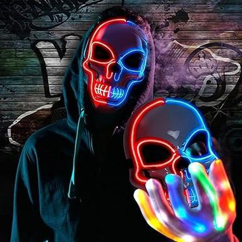 2025 New Halloween LED Scary Skeleton Mask & Glow Gloves Set - Light up Costume for Party, Glow in the Dark Decor