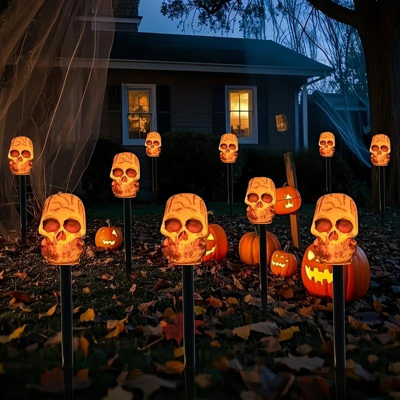 5-Piece Set of Halloween Skulls, Outdoor Solar Ground Pillar Lights, IPX4 Waterproof, Suitable for Sidewalks, Houses, Paths, Lawns, Courtyards, Gardens, and Holiday Party Decorations. Spooky Ornaments Outdoor Halloween Decor