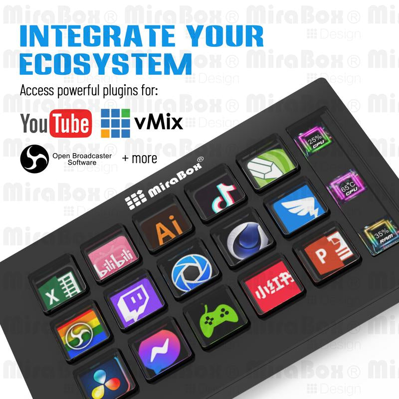 Mirabox Gaming Stream Deck, 15-Key LCD Macro Pad, Streaming Keyboard with Trigger Actions in Obs/Twitch/Youtube, Customizable Shortcut Buttons Visual Keypad Works with Mac and Windows, Setup Essentials for Gamers/Streamers/Content Creators