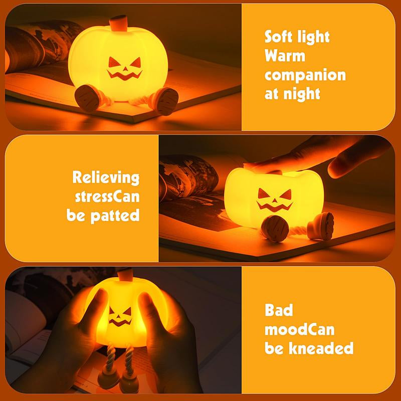Halloween Pumpkin Night Light, Cute LED Pumpkin Lamp with 3 Level Dimmable, Nursery Nightlight for Kids, Silicone Rechargeable Bedside Touch Lamp, Funny Office Desk and Halloween Decor for Woman and Kids