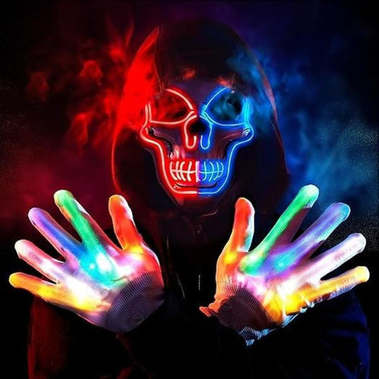 2025 New Halloween LED Scary Skeleton Mask & Glow Gloves Set - Light up Costume for Party, Glow in the Dark Decor