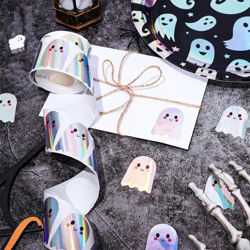 500Pcs Halloween Ghost Stickers Roll Laser Cute Boo Ghost Smiling Pumpkin Holographic Waterproof Self-Adhesive Sticker Decals for Envelope Journal Decor Party Supplies