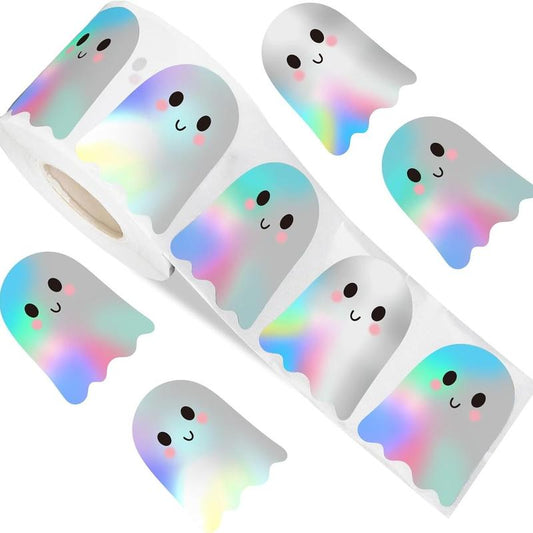 500Pcs Halloween Ghost Stickers Roll Laser Cute Boo Ghost Smiling Pumpkin Holographic Waterproof Self-Adhesive Sticker Decals for Envelope Journal Decor Party Supplies