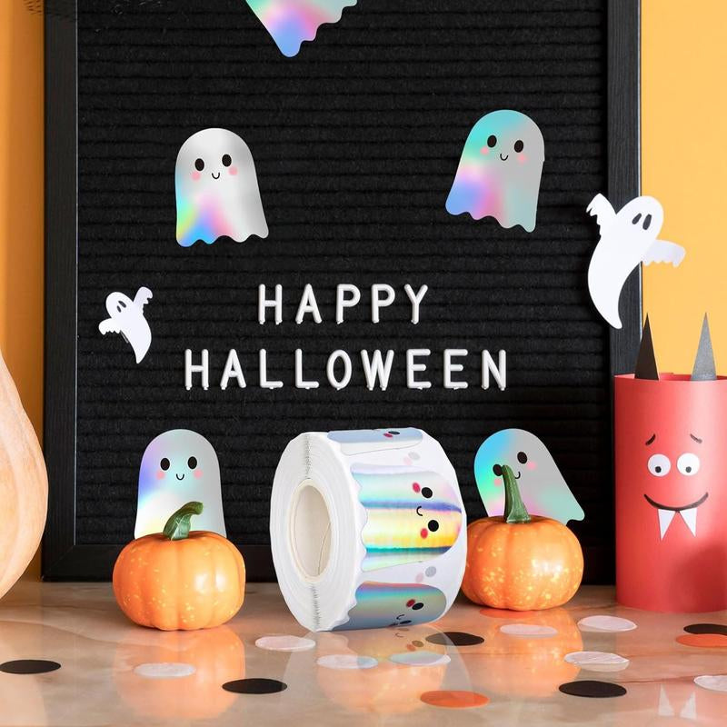 500Pcs Halloween Ghost Stickers Roll Laser Cute Boo Ghost Smiling Pumpkin Holographic Waterproof Self-Adhesive Sticker Decals for Envelope Journal Decor Party Supplies