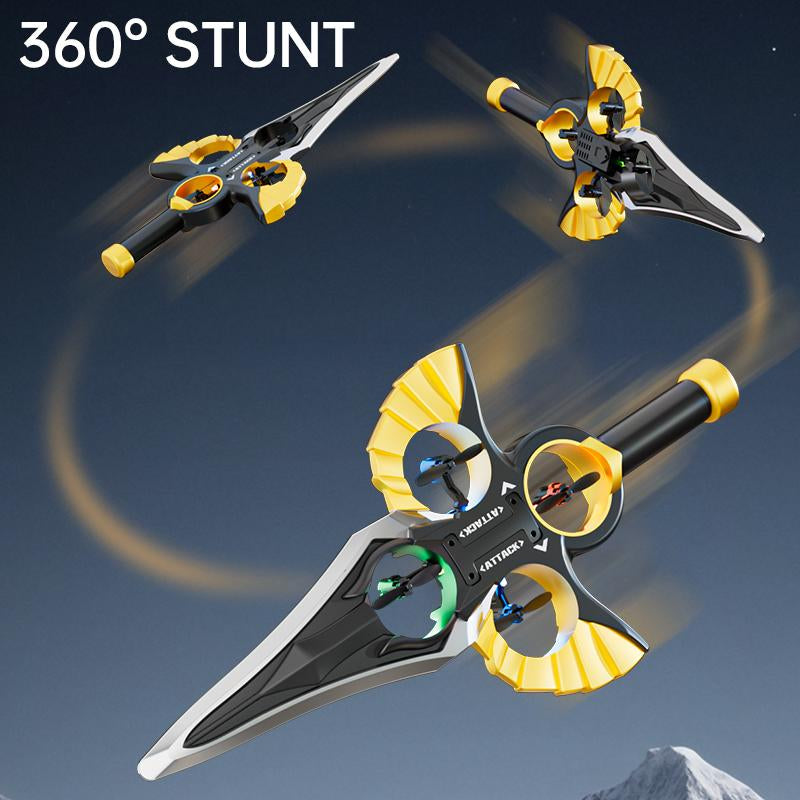 Stunt Drone with Flying Sword Design 360° Aerial Roll & Optical Positioning LED Night Flight Mode Cameras Remote Controlled Stand for Aerial Photography and Videography Dual Folding Jet Rc Rtfrc Plane Dual Battery Remote Flying Toys Control Aircraft
