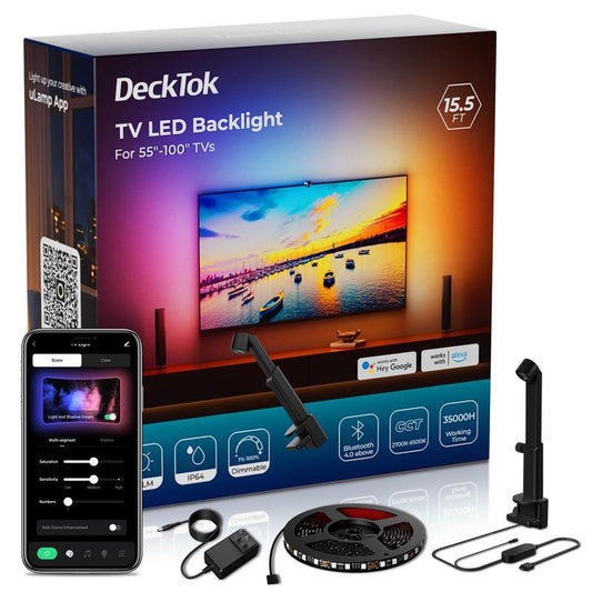 Decktok TV LED Backlight 15.5Ft - TV Lights That Change with Screen for 55-100'' RGB LED Strip Lights Cuttable with Smart App Control Game & Music Sync Color Changing Light for Home Decor #Halloween Gift