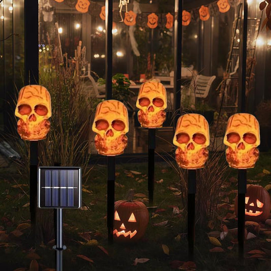 5-Piece Set of Halloween Skulls, Outdoor Solar Ground Pillar Lights, IPX4 Waterproof, Suitable for Sidewalks, Houses, Paths, Lawns, Courtyards, Gardens, and Holiday Party Decorations. Spooky Ornaments Outdoor Halloween Decor