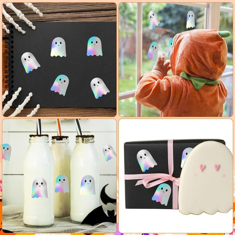 500Pcs Halloween Ghost Stickers Roll Laser Cute Boo Ghost Smiling Pumpkin Holographic Waterproof Self-Adhesive Sticker Decals for Envelope Journal Decor Party Supplies