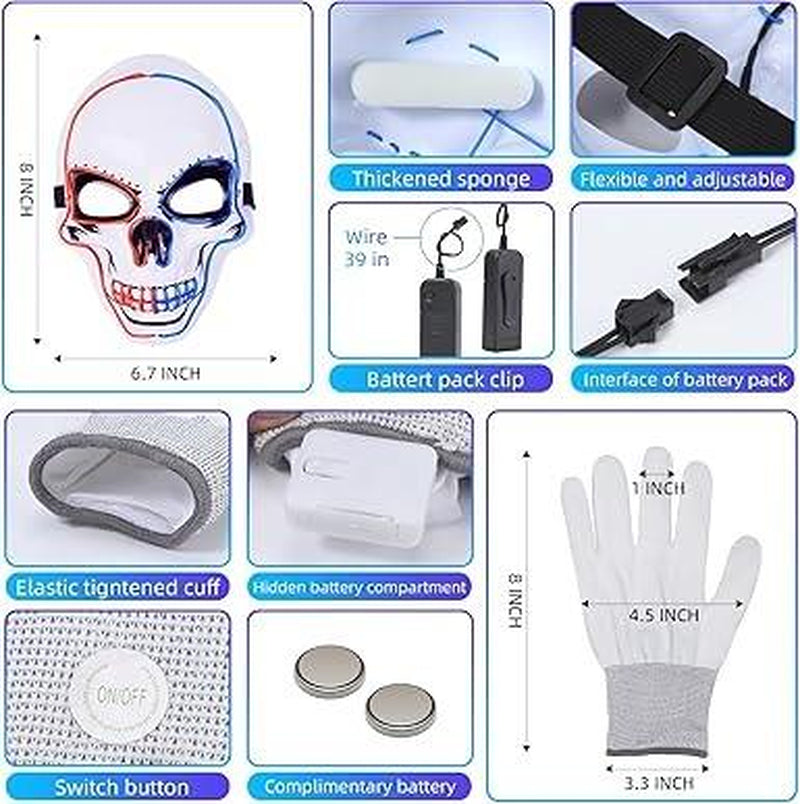 2025 New Halloween LED Scary Skeleton Mask & Glow Gloves Set - Light up Costume for Party, Glow in the Dark Decor