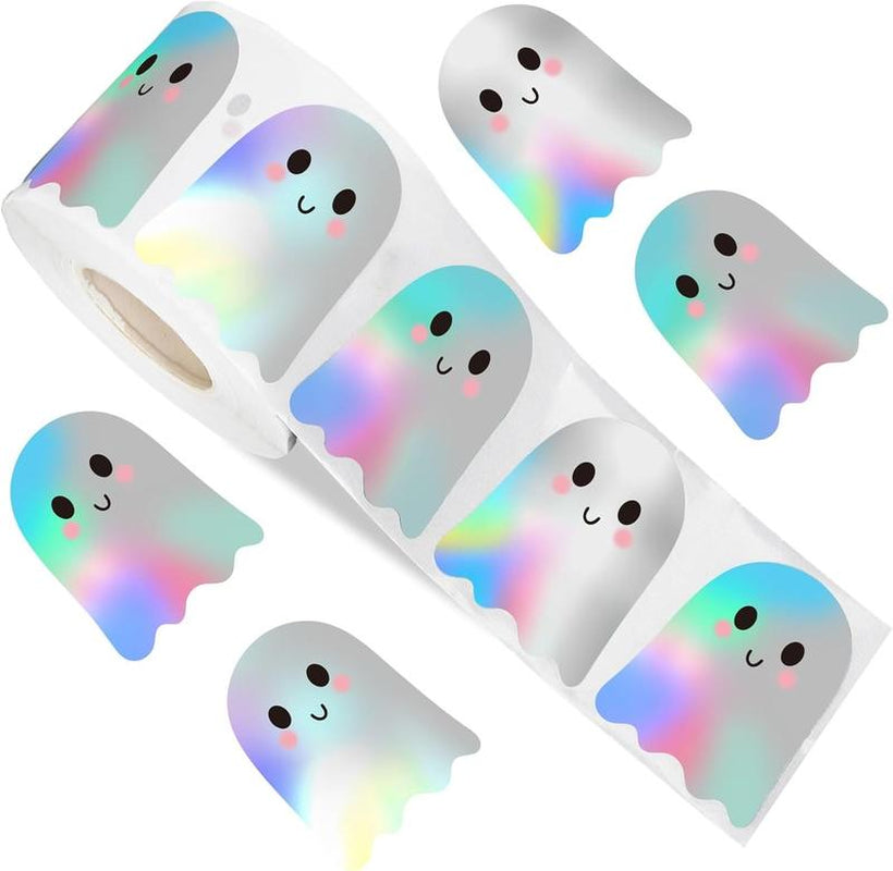 500Pcs Halloween Ghost Stickers Roll Laser Cute Boo Ghost Smiling Pumpkin Holographic Waterproof Self-Adhesive Sticker Decals for Envelope Journal Decor Party Supplies