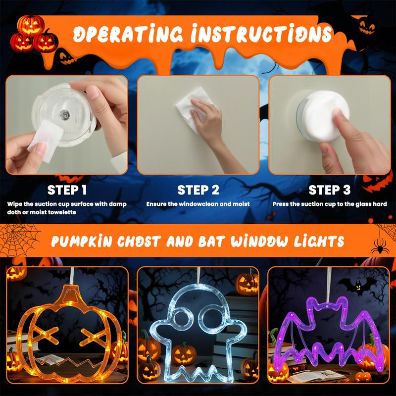 OTM Halloween Party Venue Decorations 2025 3-Pack Orange Pumpkin,White Ghost,Purple Bat Window Lights with Suction Cups, Battery Operated Halloween Lights Window Decorations Slow Fade Mode and Timer Function