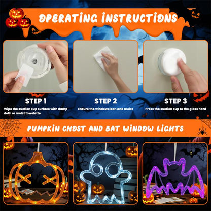 OTM Halloween Party Venue Decorations 2025 3-Pack Orange Pumpkin,White Ghost,Purple Bat Window Lights with Suction Cups, Battery Operated Halloween Lights Window Decorations Slow Fade Mode and Timer Function