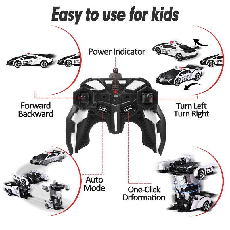 Remote Control Car for Kids, Transforming Robot Toy with LED Lights, 1:18 Scale, One-Button Transform, 360° Rotation, Birthday Gift