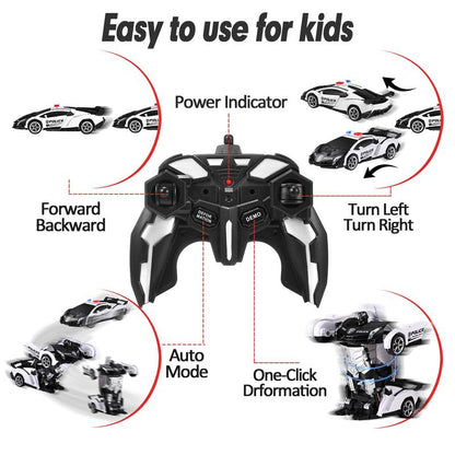 Remote Control Car for Kids, Transforming Robot Toy with LED Lights, 1:18 Scale, One-Button Transform, 360° Rotation, Birthday Gift