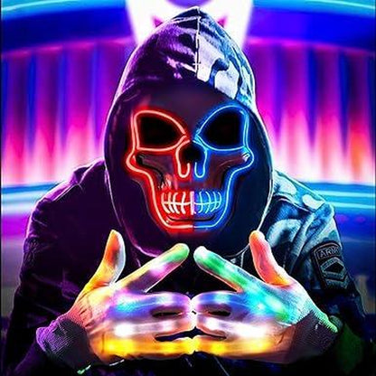 2025 New Halloween LED Scary Skeleton Mask & Glow Gloves Set - Light up Costume for Party, Glow in the Dark Decor