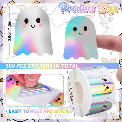 500Pcs Halloween Ghost Stickers Roll Laser Cute Boo Ghost Smiling Pumpkin Holographic Waterproof Self-Adhesive Sticker Decals for Envelope Journal Decor Party Supplies