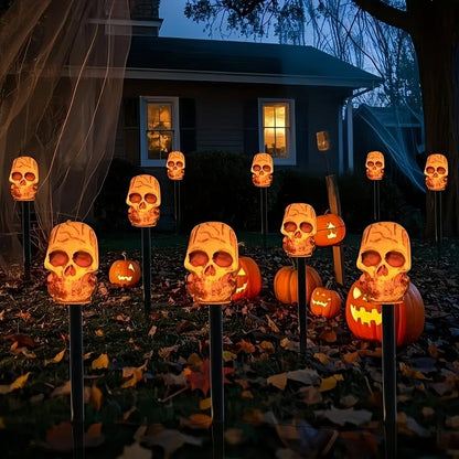 5-Piece Set of Halloween Skulls, Outdoor Solar Ground Pillar Lights, IPX4 Waterproof, Suitable for Sidewalks, Houses, Paths, Lawns, Courtyards, Gardens, and Holiday Party Decorations. Spooky Ornaments Outdoor Halloween Decor