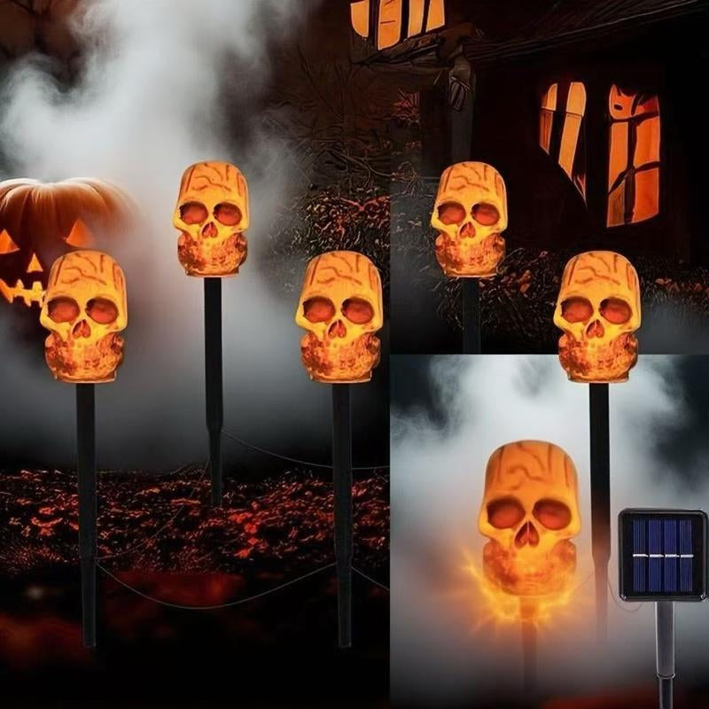 5-Piece Set of Halloween Skulls, Outdoor Solar Ground Pillar Lights, IPX4 Waterproof, Suitable for Sidewalks, Houses, Paths, Lawns, Courtyards, Gardens, and Holiday Party Decorations. Spooky Ornaments Outdoor Halloween Decor