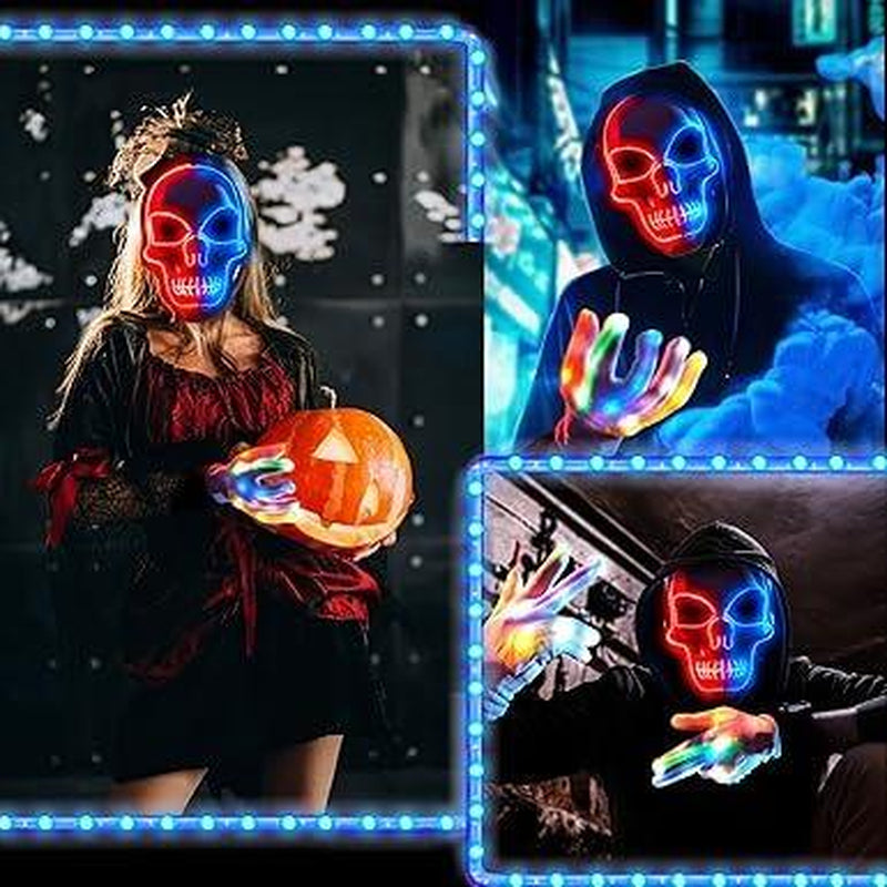 2025 New Halloween LED Scary Skeleton Mask & Glow Gloves Set - Light up Costume for Party, Glow in the Dark Decor