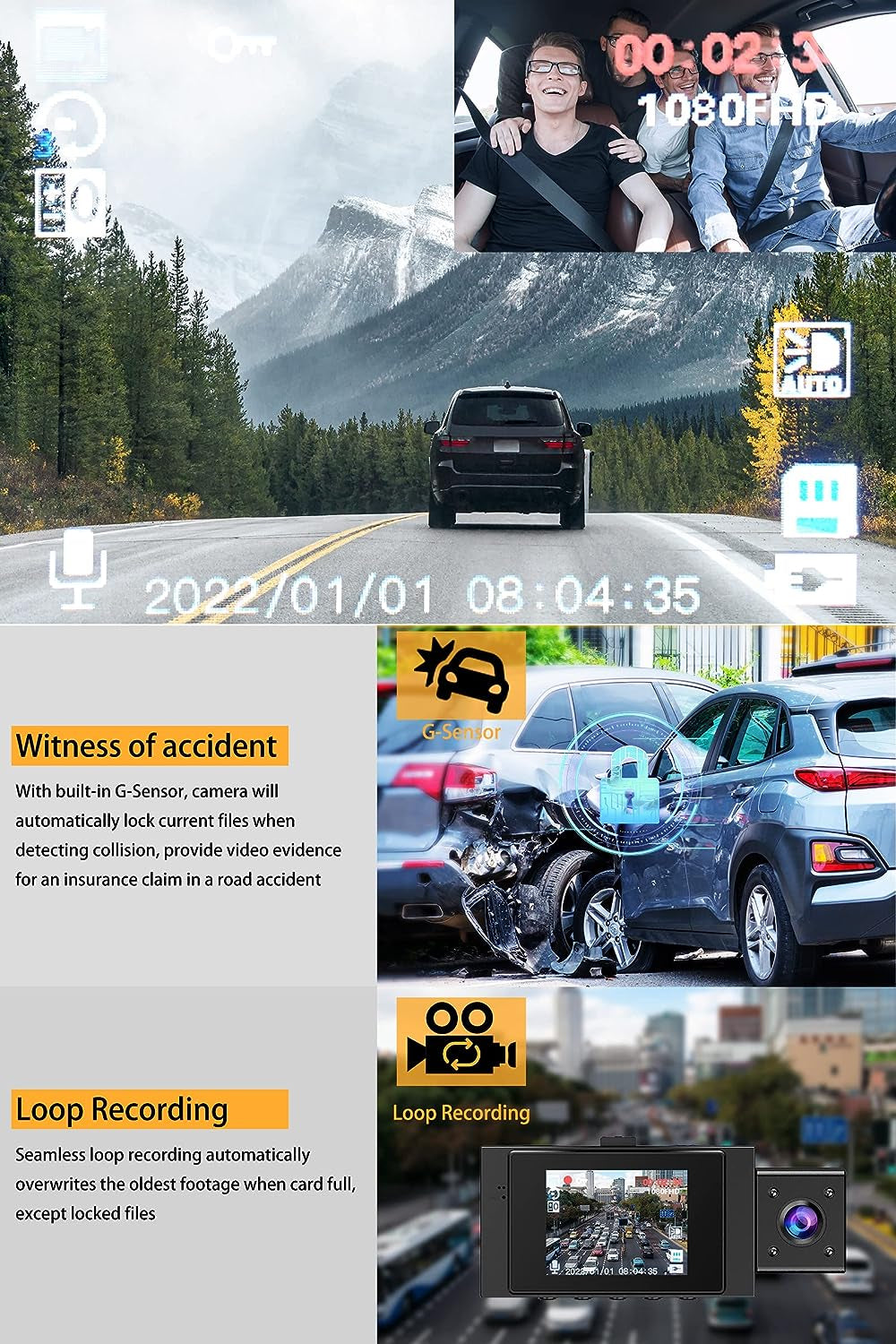Dual Dash Cam Rear Front Video Recorder Auto anti Theft 1080P Dashboard Camera