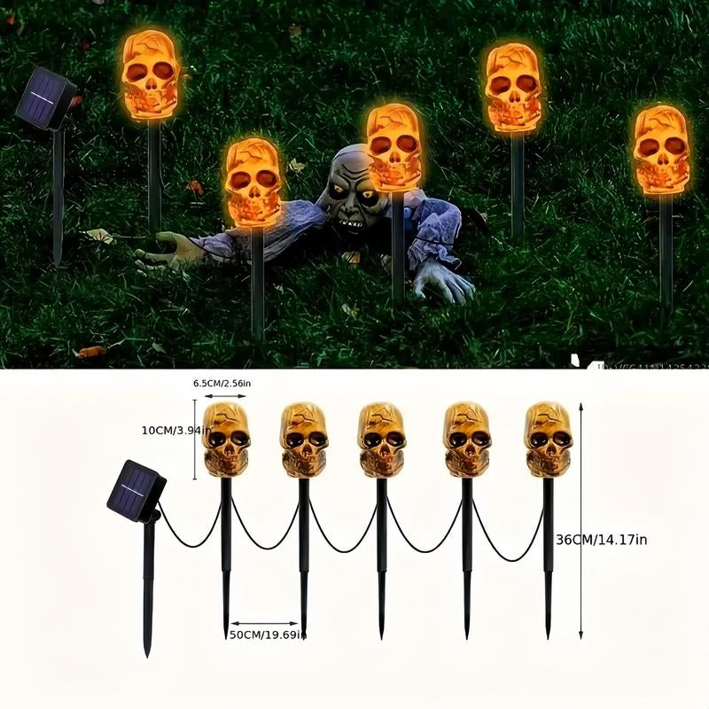 5-Piece Set of Halloween Skulls, Outdoor Solar Ground Pillar Lights, IPX4 Waterproof, Suitable for Sidewalks, Houses, Paths, Lawns, Courtyards, Gardens, and Holiday Party Decorations. Spooky Ornaments Outdoor Halloween Decor