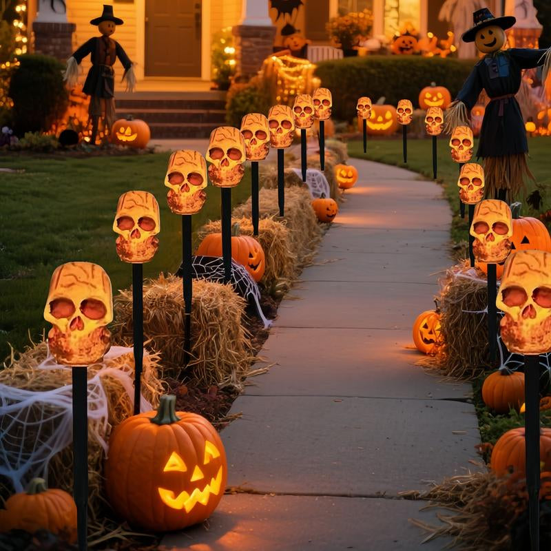 5-Piece Set of Halloween Skulls, Outdoor Solar Ground Pillar Lights, IPX4 Waterproof, Suitable for Sidewalks, Houses, Paths, Lawns, Courtyards, Gardens, and Holiday Party Decorations. Spooky Ornaments Outdoor Halloween Decor