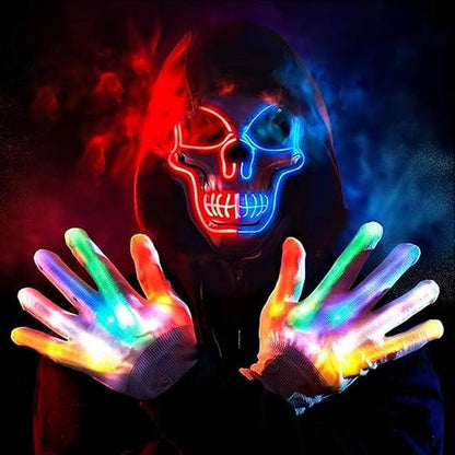 2025 New Halloween LED Scary Skeleton Mask & Glow Gloves Set - Light up Costume for Party, Glow in the Dark Decor