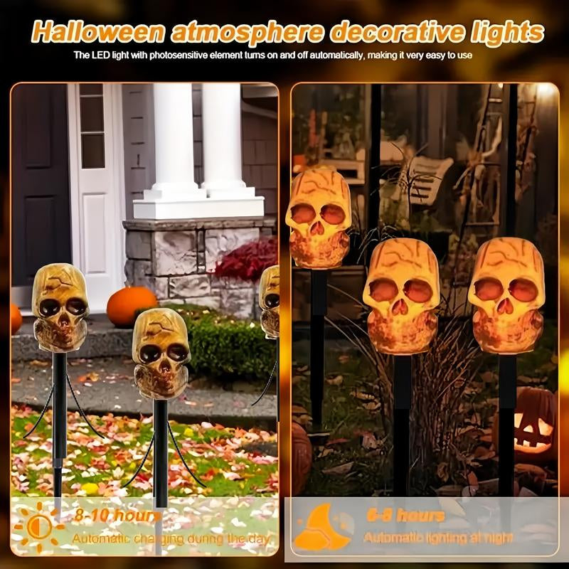 5-Piece Set of Halloween Skulls, Outdoor Solar Ground Pillar Lights, IPX4 Waterproof, Suitable for Sidewalks, Houses, Paths, Lawns, Courtyards, Gardens, and Holiday Party Decorations. Spooky Ornaments Outdoor Halloween Decor