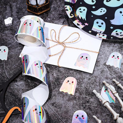 500Pcs Halloween Ghost Stickers Roll Laser Cute Boo Ghost Smiling Pumpkin Holographic Waterproof Self-Adhesive Sticker Decals for Envelope Journal Decor Party Supplies