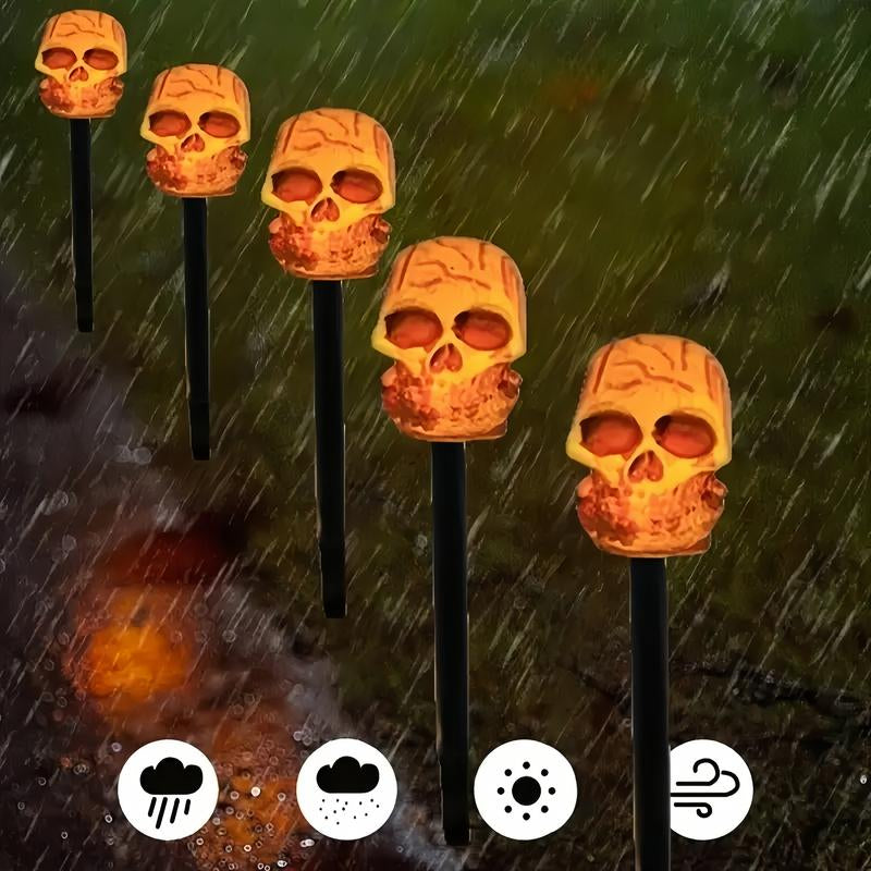 5-Piece Set of Halloween Skulls, Outdoor Solar Ground Pillar Lights, IPX4 Waterproof, Suitable for Sidewalks, Houses, Paths, Lawns, Courtyards, Gardens, and Holiday Party Decorations. Spooky Ornaments Outdoor Halloween Decor